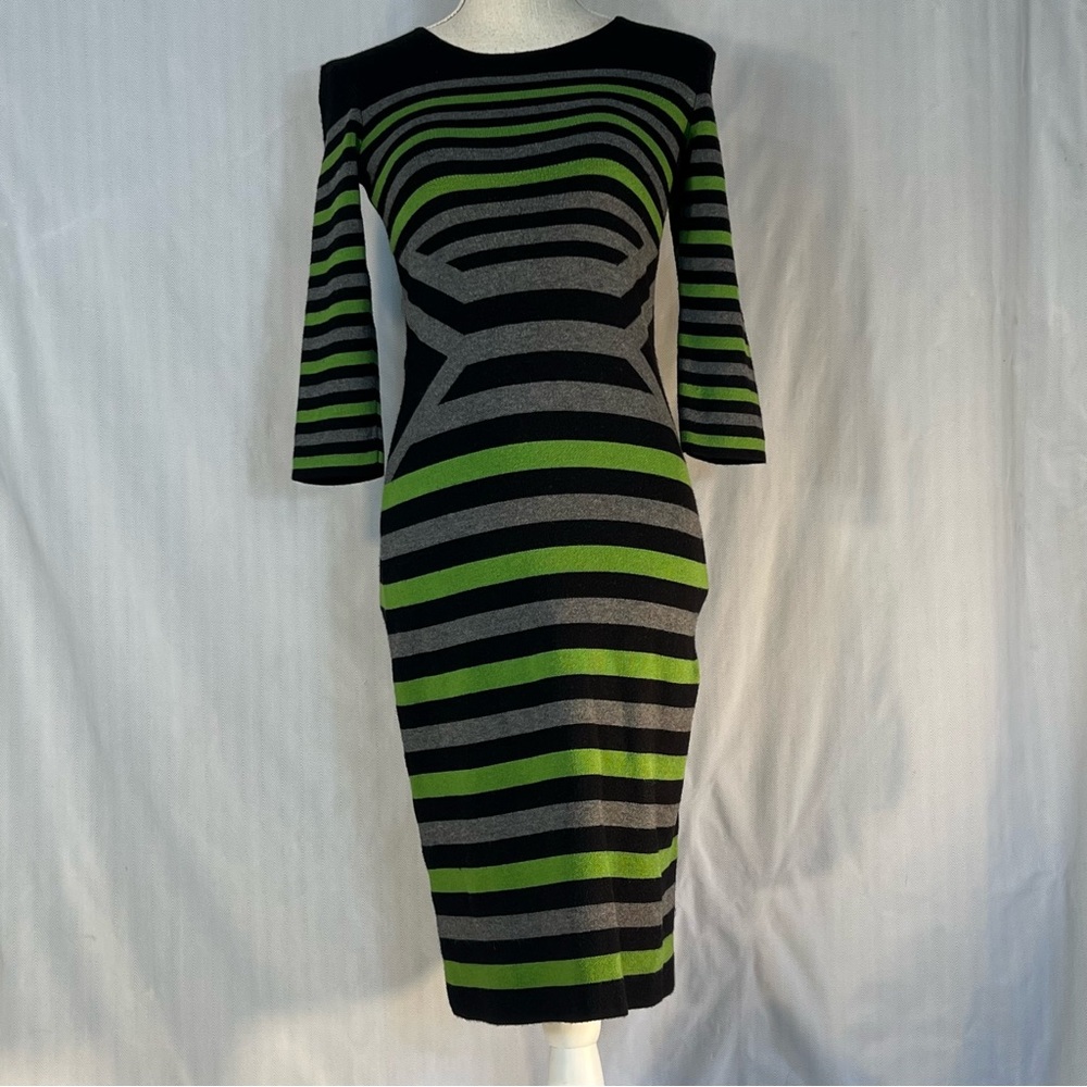 Danny & Nicole Sweater Dress Bodycon Black & Green Stripes 3/4 Sleeves S